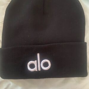 ALO Yoga Black Beanie with White "alo" Logo